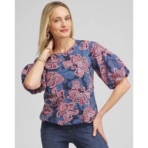 Chicos Women's Size 1 (US M) Floral Bubble Hem Top Blue Pink Lined Ballon Sleeve